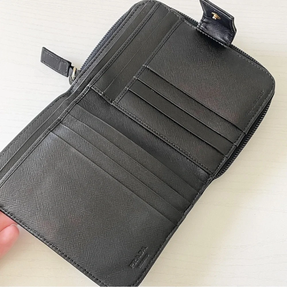 Prada black nylon triangle logo medium compact zip wallet vintage